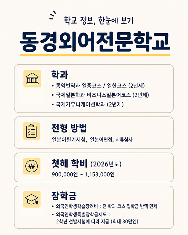 동경외어전문학교 2027 입시, 입학금 반액 감면과 학과별 일본어 기준 7.jpg